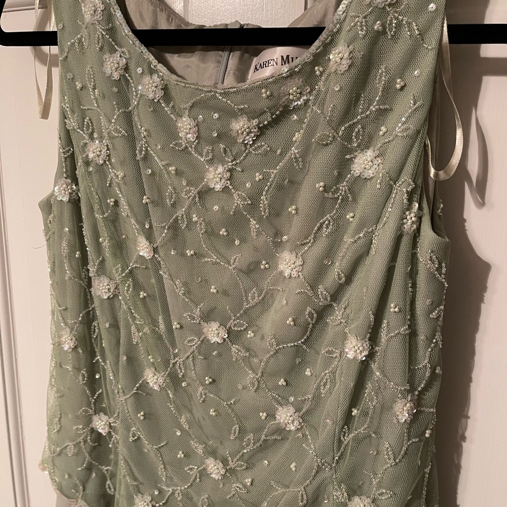 Beaded Sage Green Maxi Dress with Scarf - Picture 2 of 13